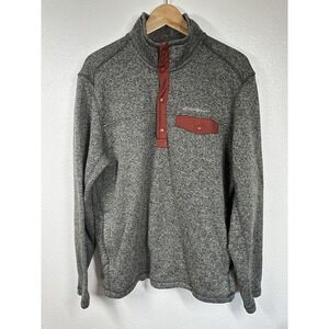 Eddie Bauer Sweater Mens Large Gray Red Snap Pullover Fleece Outdoors Pocket